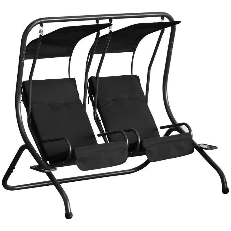 Modern Black Metal 2-Seater Outdoor Patio Swing Chair with Canopy