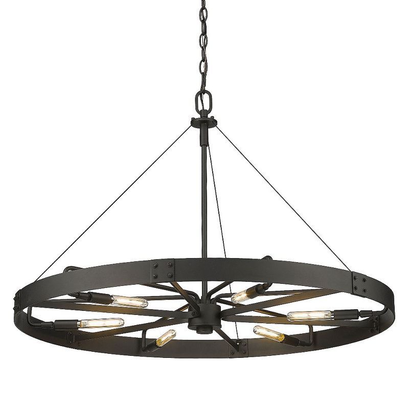 Natural Black and Brass 6-Light Wagon Wheel Chandelier