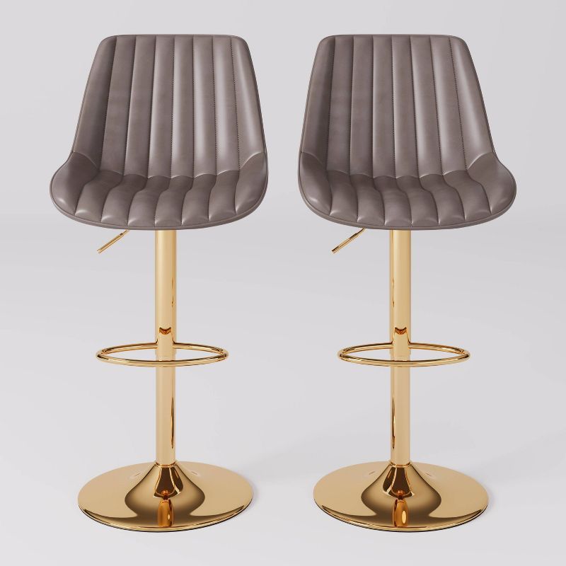 Adjustable Grey Vegan Leather Swivel Bar Stools with Gold Base - Set of 2