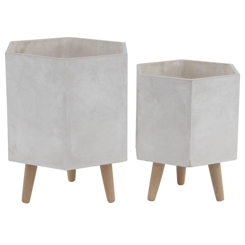 Gray Fiber Clay Planter Set with Beech Wood Legs