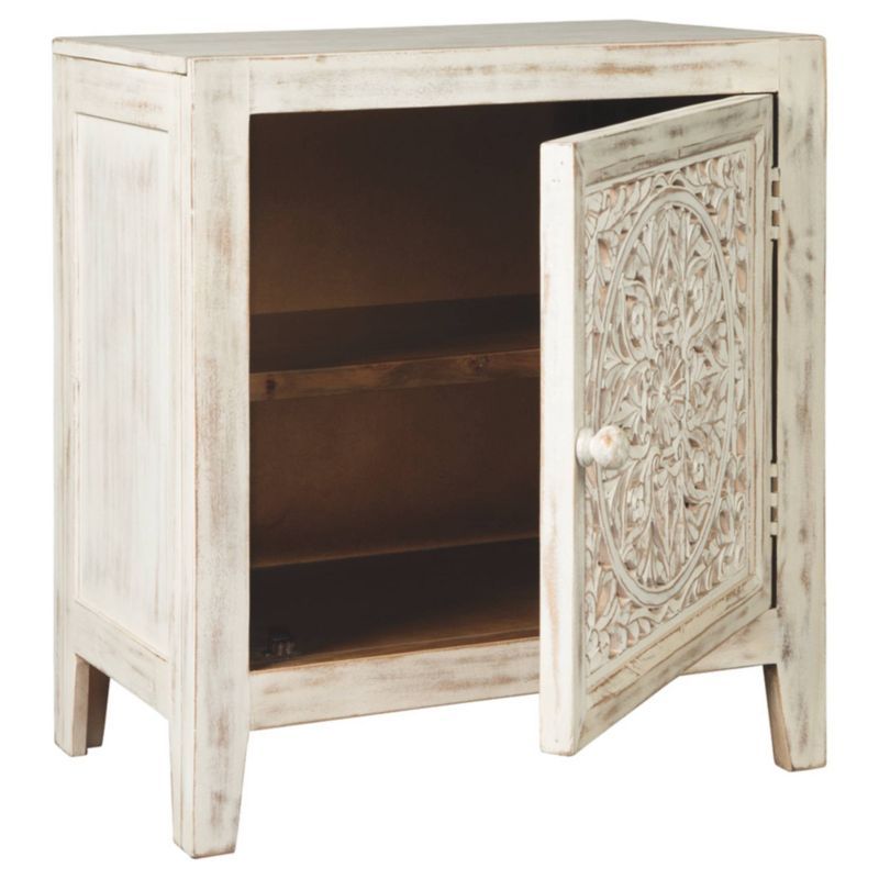 Antique White and Light Brown Floral Carved Accent Cabinet