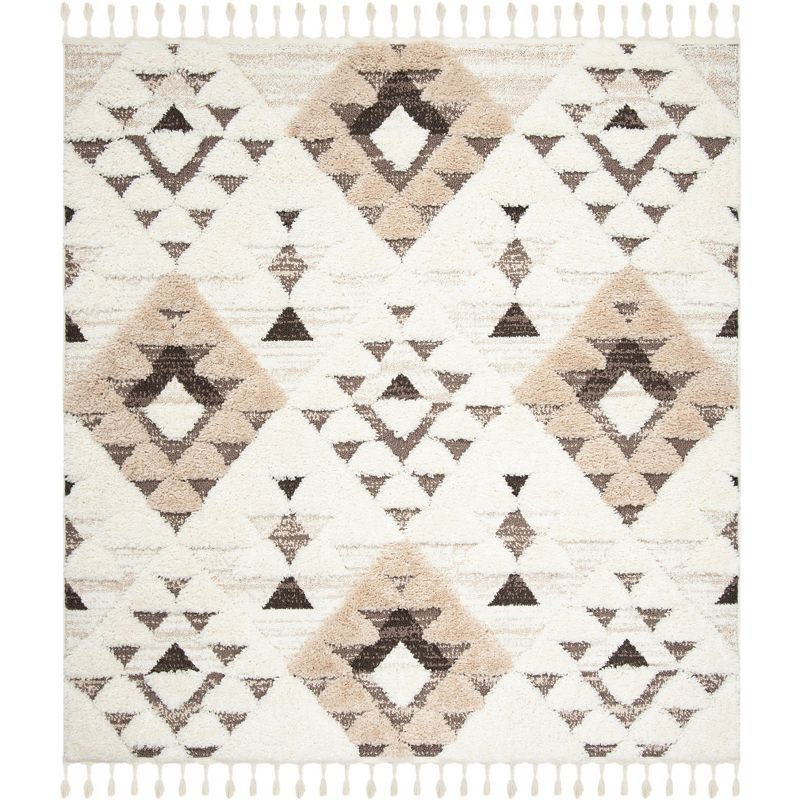 Ivory and Brown Diamond Shag Square Area Rug with Tassels