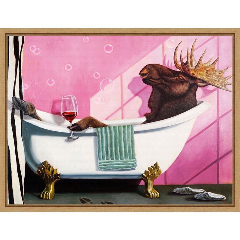 Whimsical Moose in Bath Framed Canvas Print 18x24