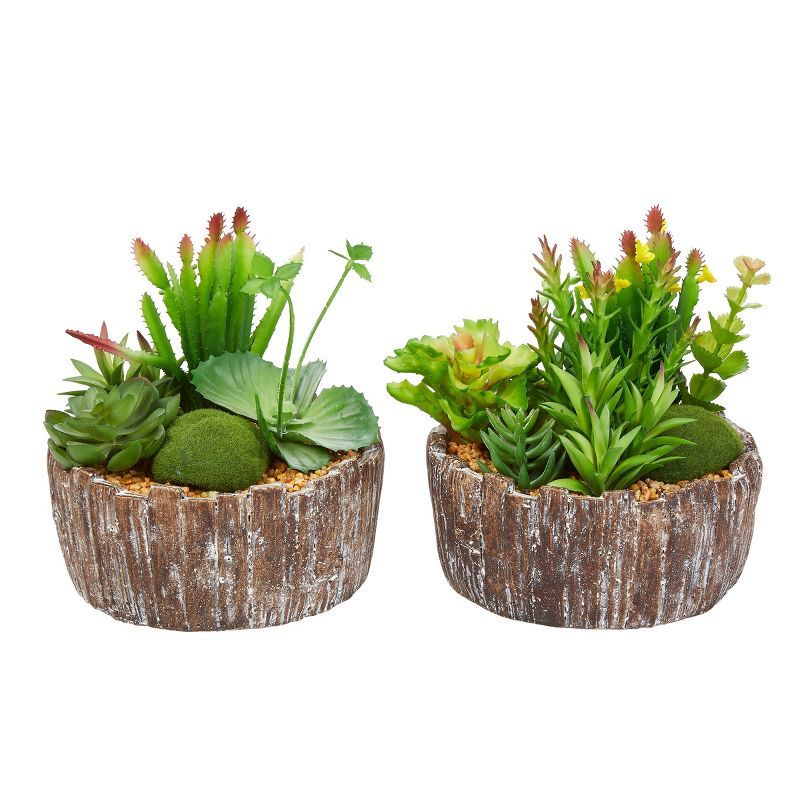 Rustic Charm Faux Succulent Duo in Concrete Barrel Planters