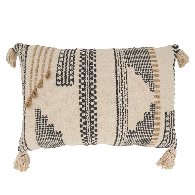 Geometric Beige and Black Rectangular Throw Pillow with Tassels