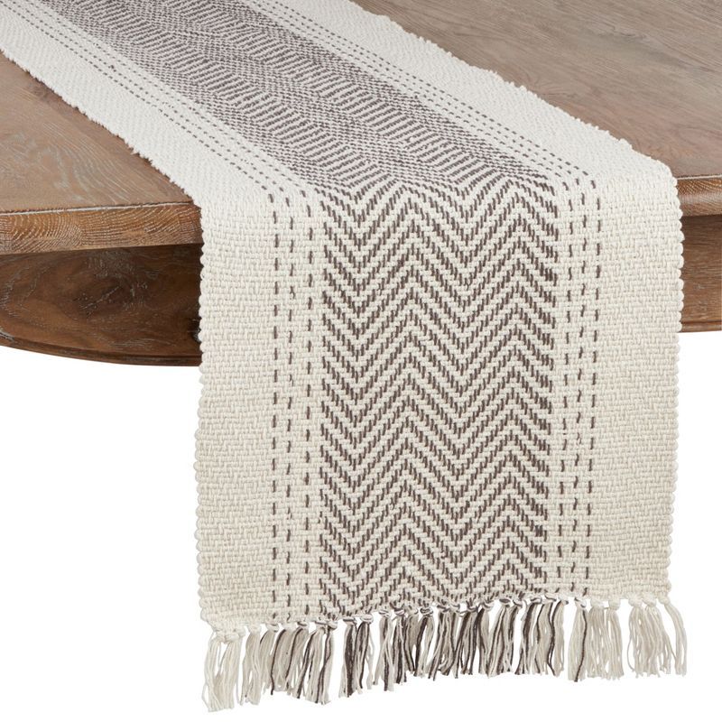 Gray Cotton Table Runner with Fringe and Stitching