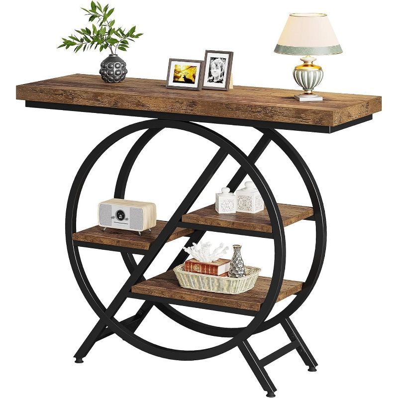 Rustic Brown 39.4" Wood and Metal 4-Tier Console Table