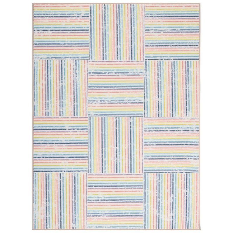 Ivory and Blue Geometric Stripes Kids Playhouse Rug, 6'7" x 9'