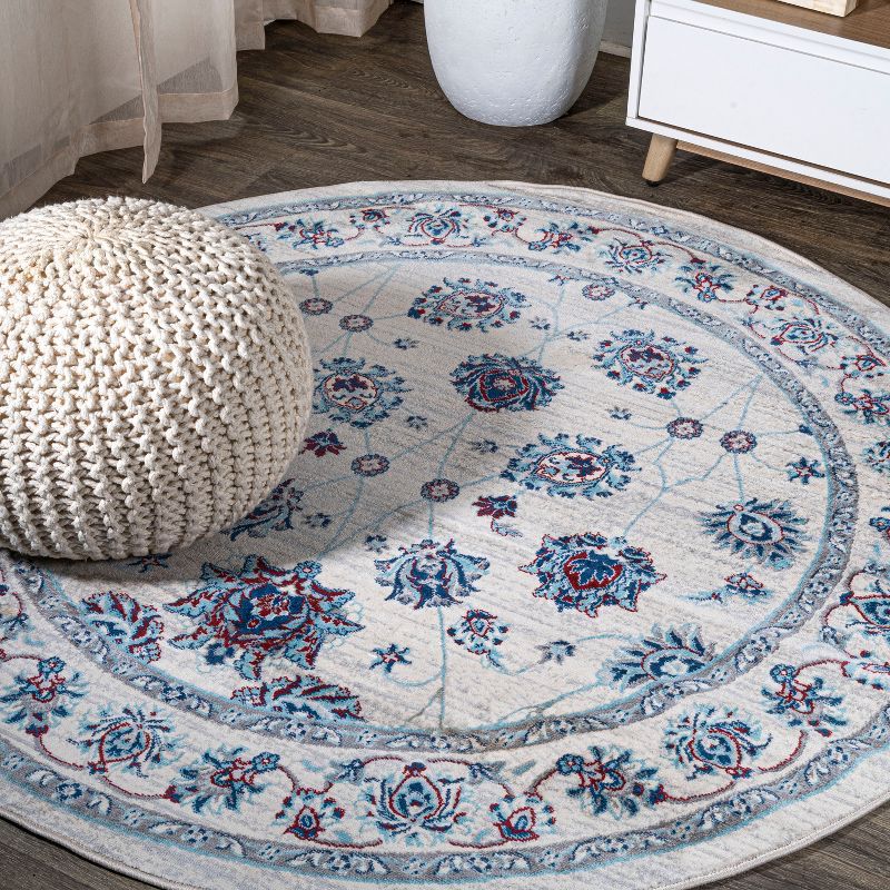 Elegant Vintage Floral 6' Round Blue/Ivory/Red Synthetic Rug