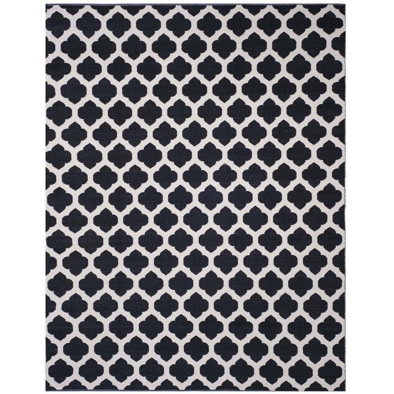 Ivory and Black Trellis Handwoven Wool Cotton Area Rug 8' x 10'