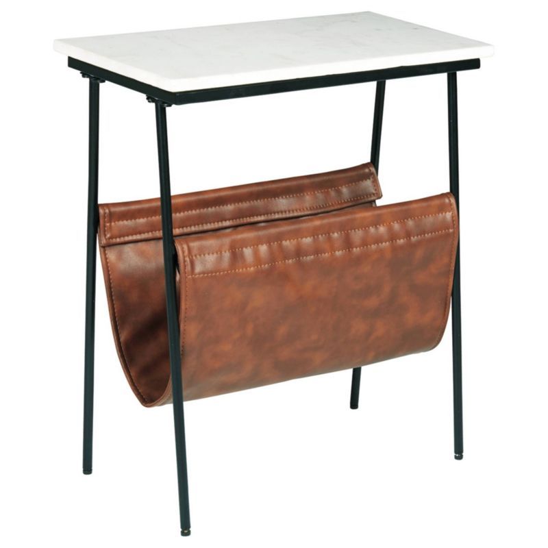 Transitional Black Metal & White Marble Side Table with Brown Faux Leather Magazine Holder