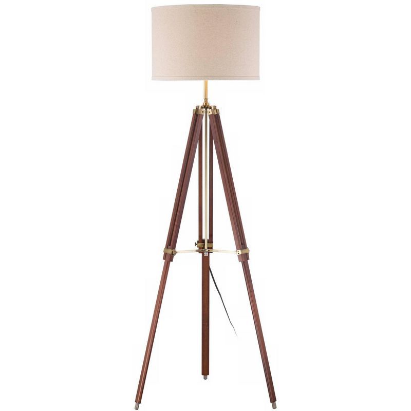 Adjustable Cherry Wood Tripod Floor Lamp with Beige Linen Shade