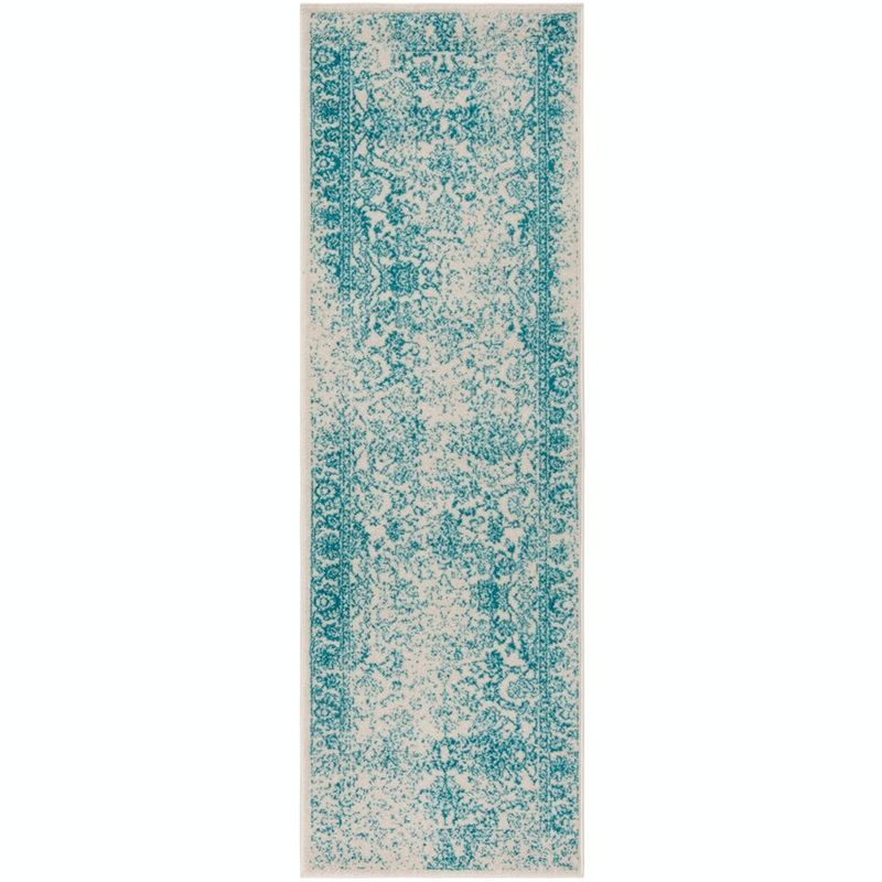 Ivory and Teal Hand-Knotted Synthetic Runner Rug