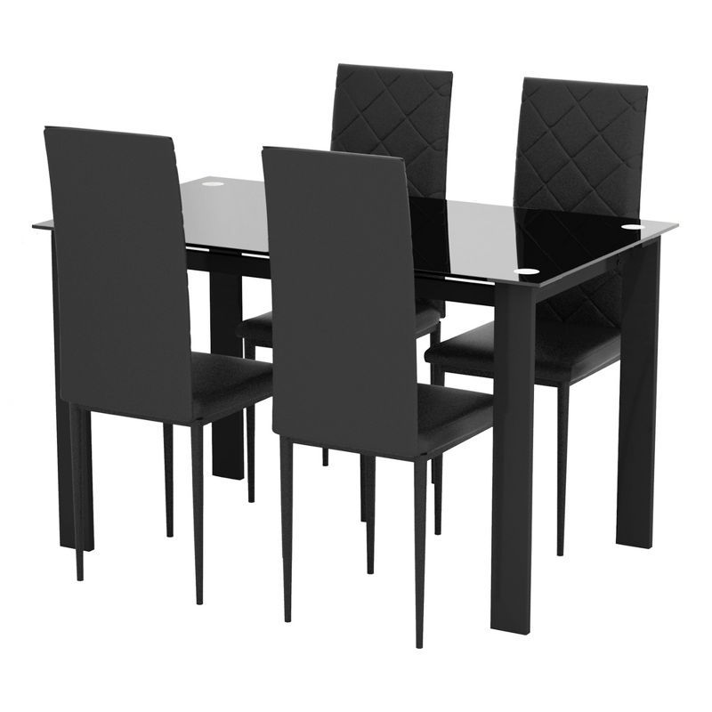 Black Glass Top Dining Set with Rhombic Leather Chairs