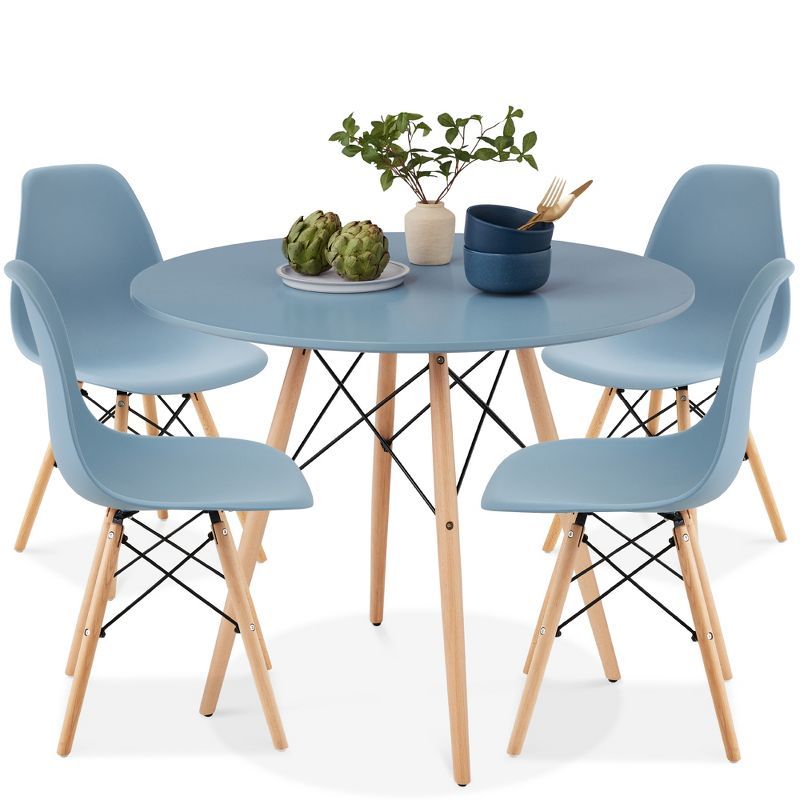 Blue and Oak Mid-Century Modern 5-Piece Dining Set with Beech Wood Legs