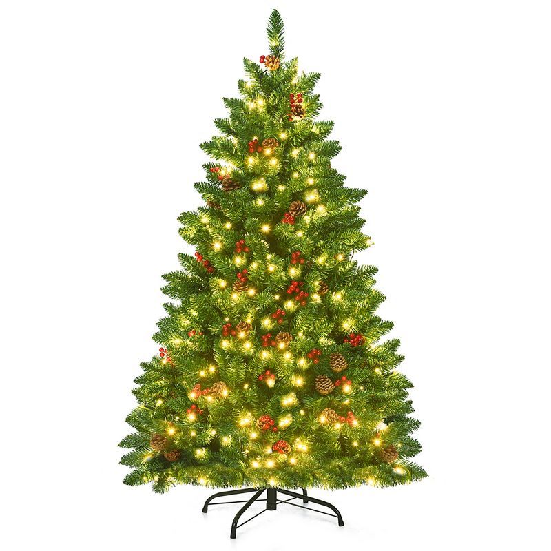 4.5 Ft Pre-Lit Green Spruce Christmas Tree with Pine Cones and Berries