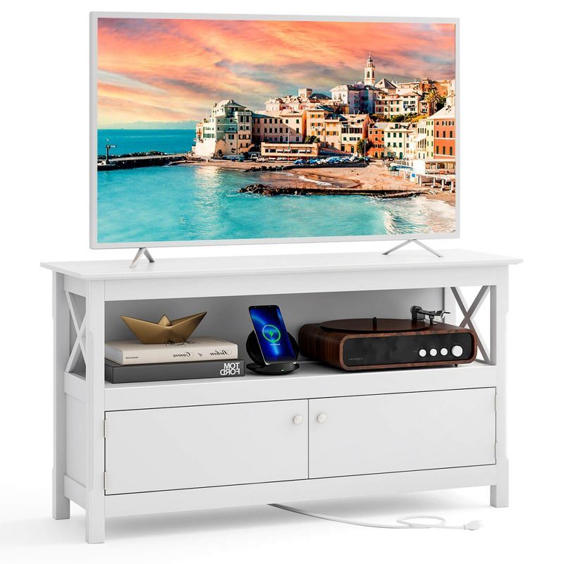 White Wooden TV Stand with Cabinet and Shelves