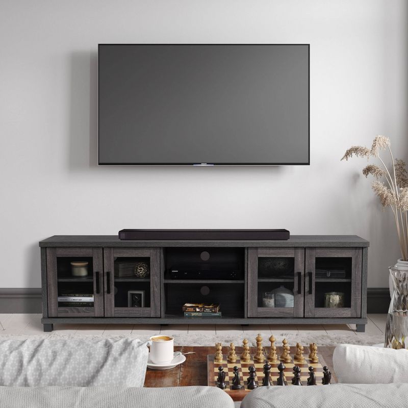 Fremont 84" Dark Gray Engineered Wood TV Stand with Glass Cabinets