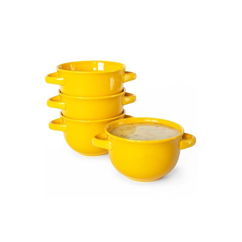 Yellow Ceramic Soup Crocks with Handles, Set of 4, 18 oz