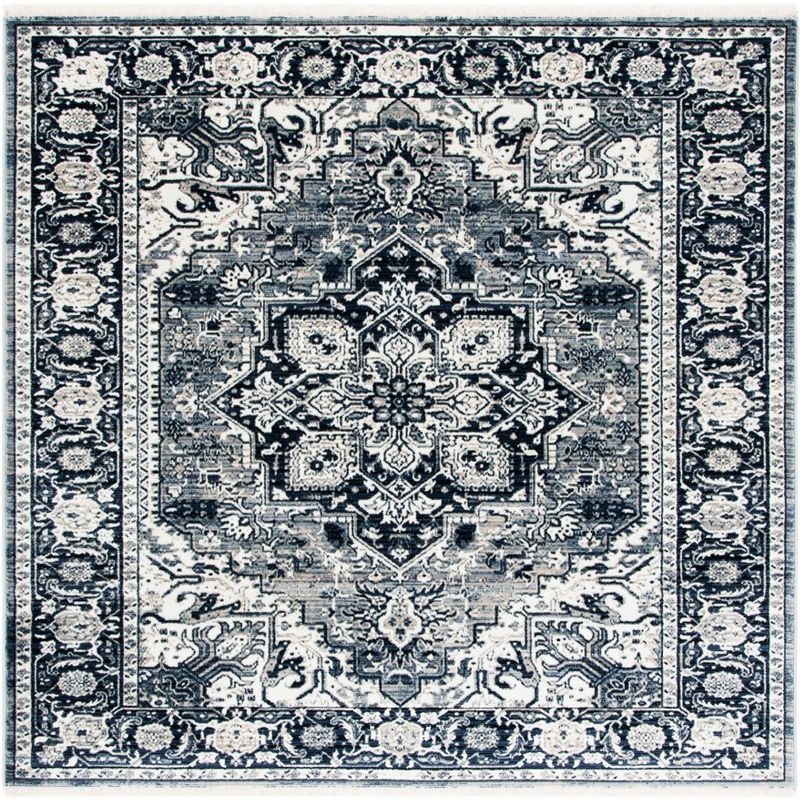 Navy and Ivory Square Oriental Synthetic Area Rug