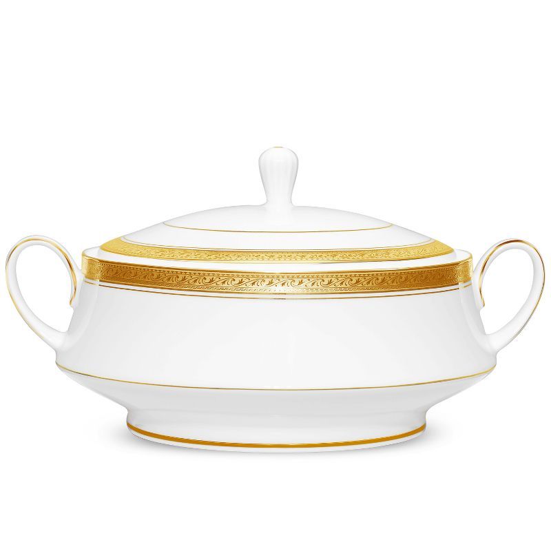 Elegant White and Gold Ceramic Covered Vegetable Bowl