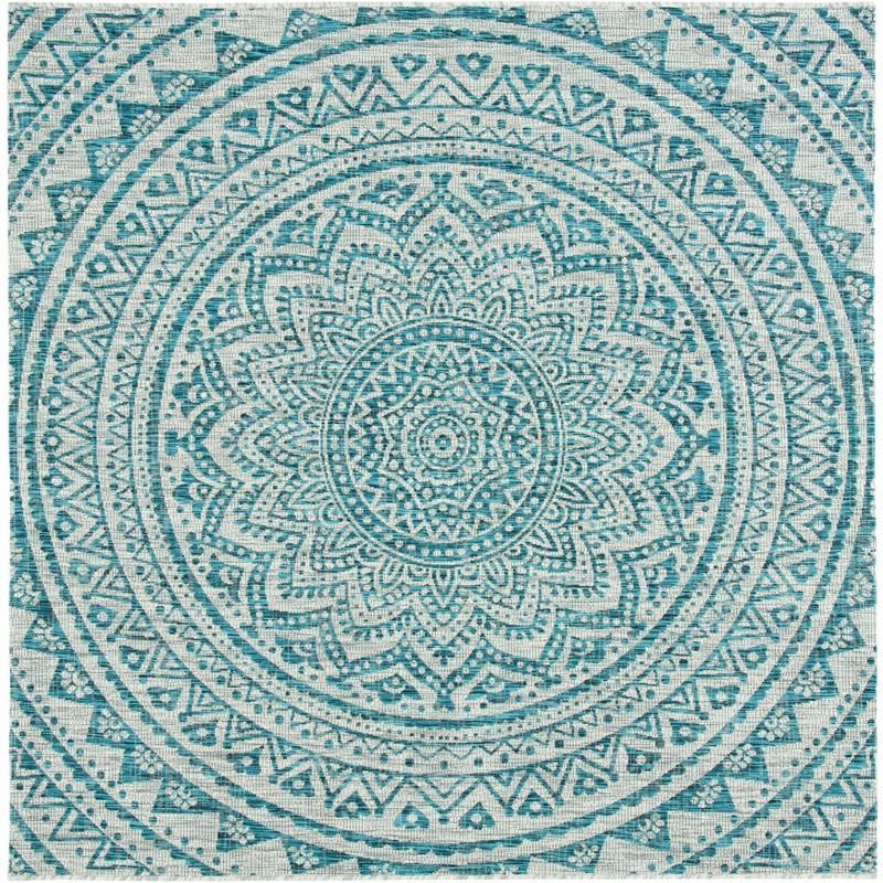 Light Grey & Teal Square Synthetic Indoor/Outdoor Rug - 31"