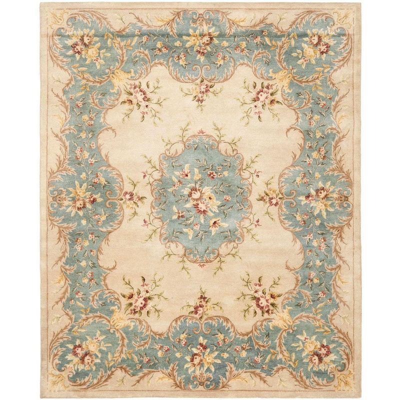 Ivory and Light Blue Hand-Tufted Wool Round Rug, 8' x 10'