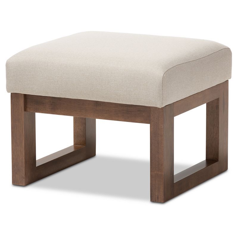 Yashiya Light Beige Fabric Upholstered Ottoman Stool with Walnut Wood Base