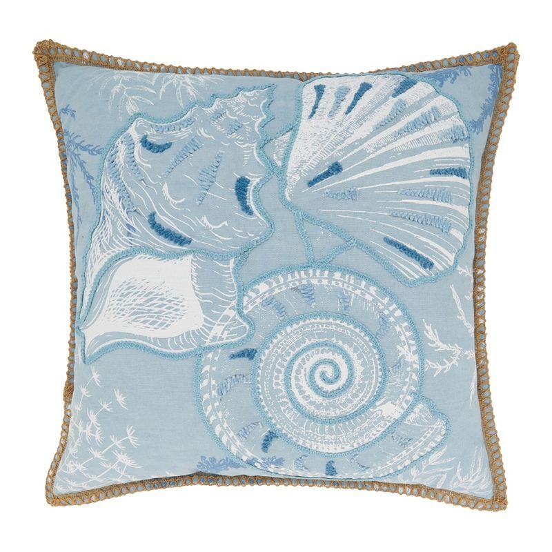 Sandy Shores Blue Cotton Seashell Throw Pillow, 20"x20"