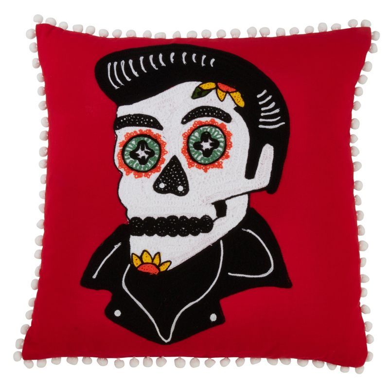 18 in. Red Sugar Skull Cotton Pillow with Tassels