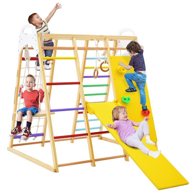 Colorful Wooden 8-in-1 Indoor Jungle Gym with Slide