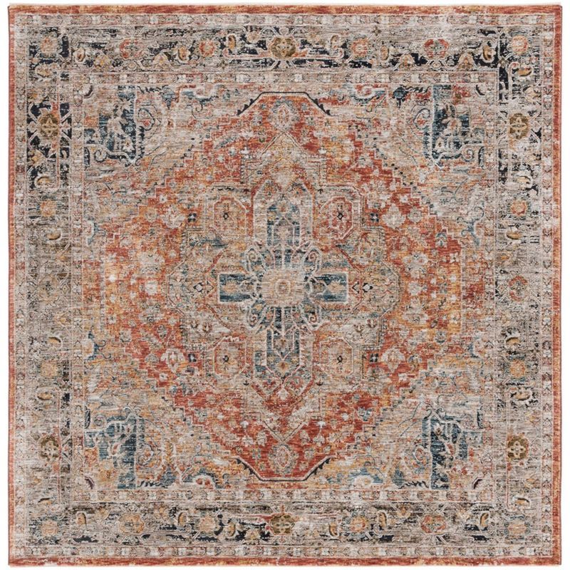 Rust and Blue Square Hand-Knotted Synthetic Rug