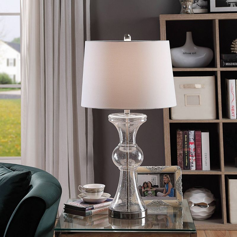 Clear Seeded Glass and Brushed Nickel Table Lamp with White Shade