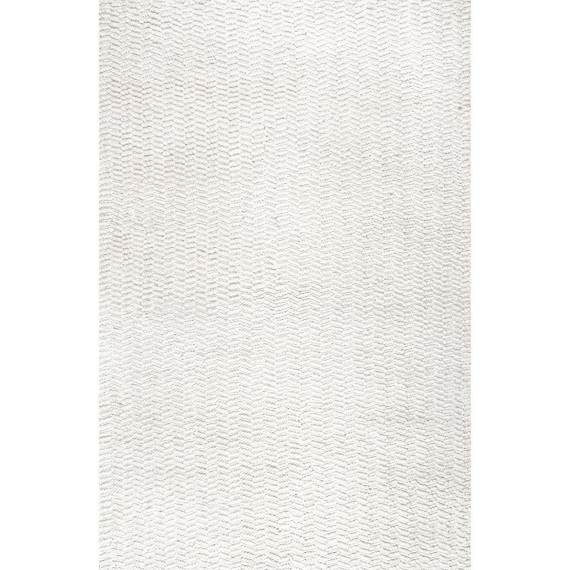 Ivory Chevron Handwoven Wool Square Area Rug, 5' x 8'