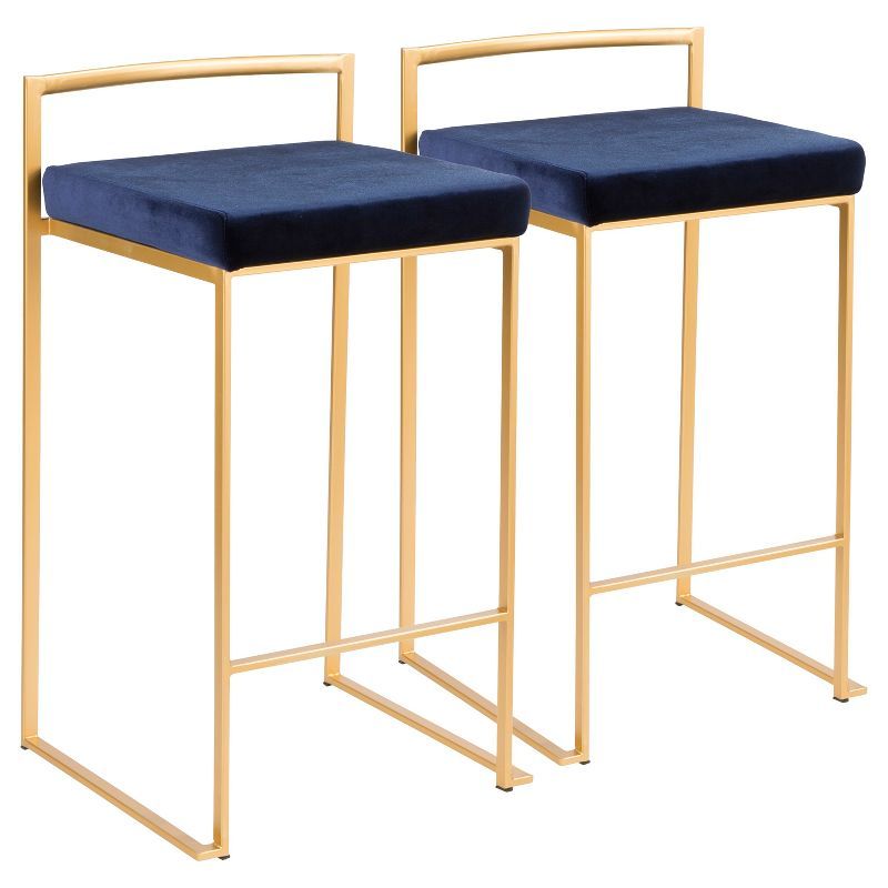 Modern Blue Velvet & Metal Counter Stool, Set of 2