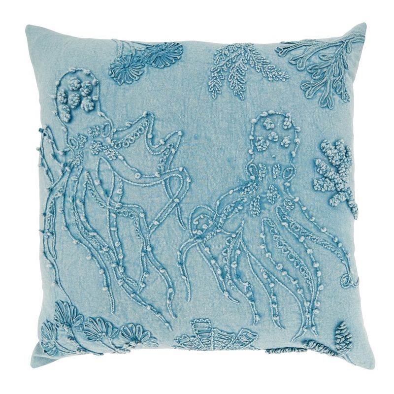 Blue Stonewashed Octopus Embroidered 20" Cotton Throw Pillow