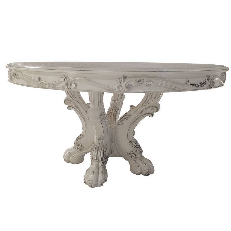 Bone White Round Wood and Glass Dining Table with Pedestal Base