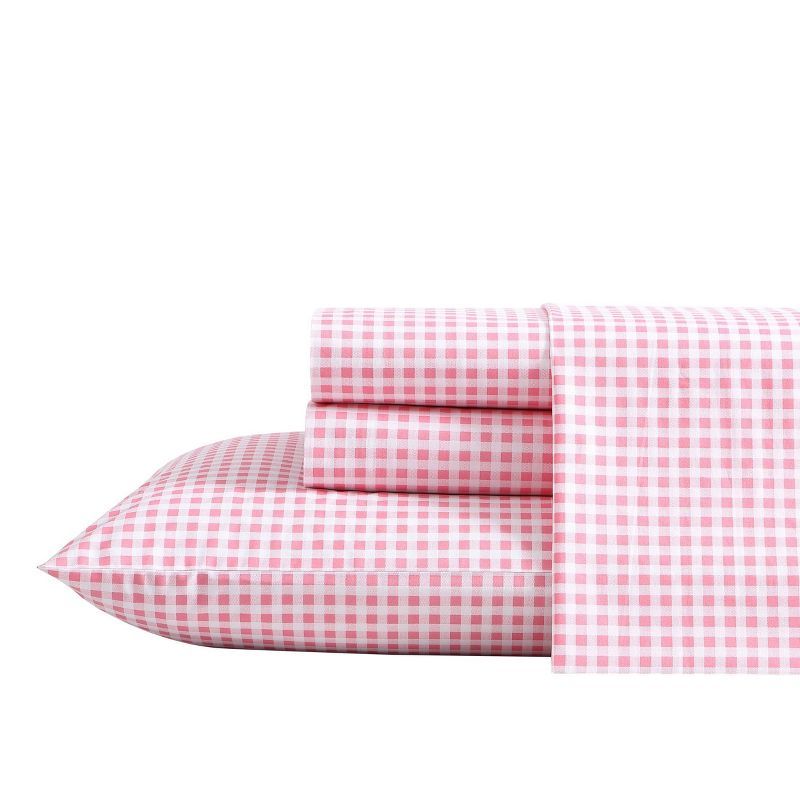 Queen Pink Gingham Plaid Percale Cotton Sheet Set