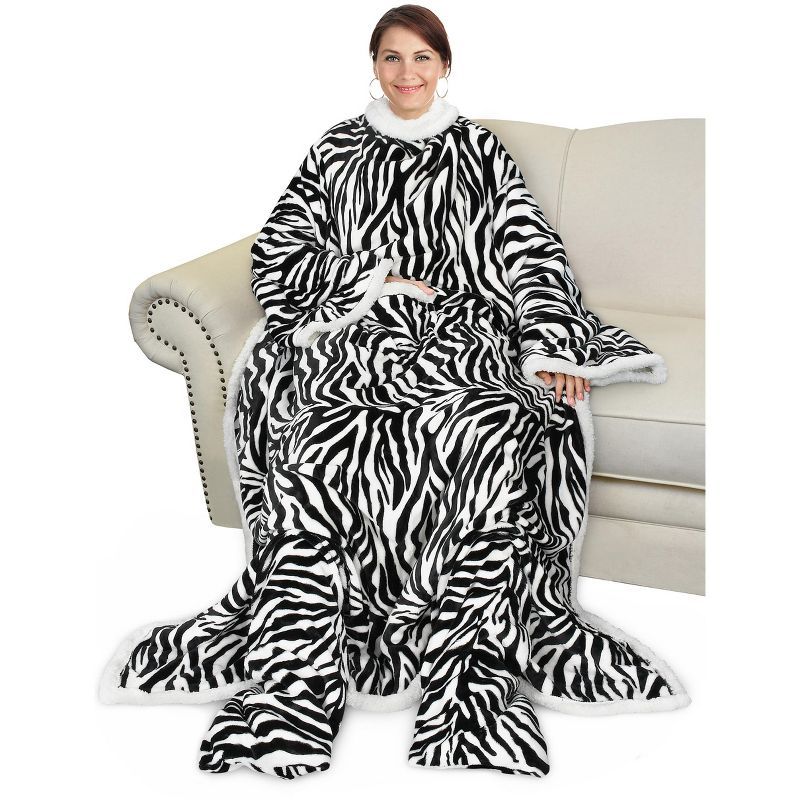 Zebra Print Fleece Sherpa Wearable Blanket with Sleeves