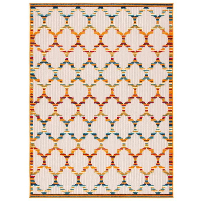 Ivory and Orange Geometric Synthetic Indoor/Outdoor Rug