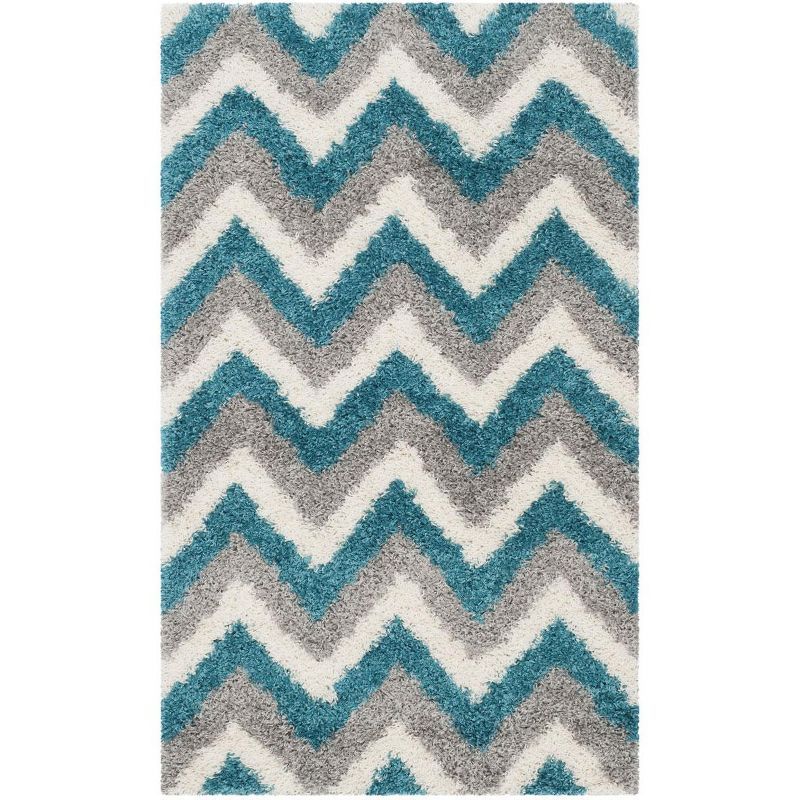 Blue and Ivory Chevron Shag Kids Area Rug