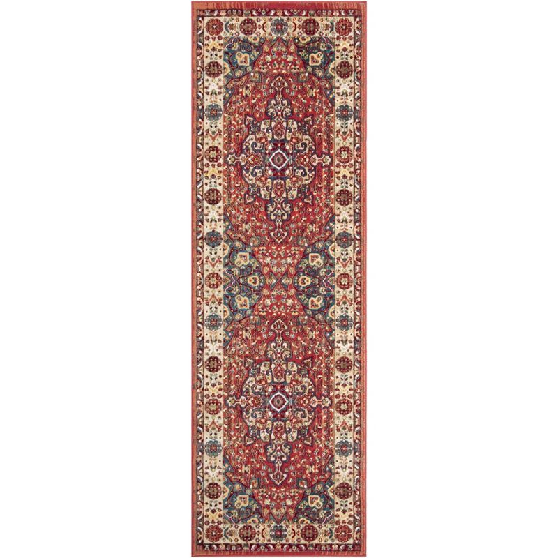 Kashan Red and Ivory Floral Synthetic Runner Rug 2'6" x 8'