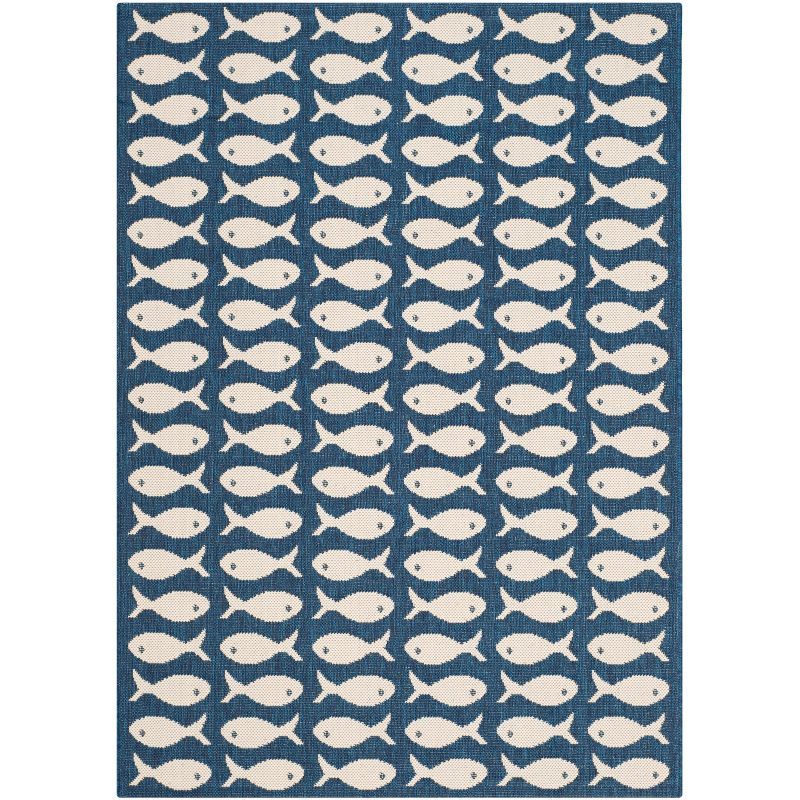 Navy and Beige Fish Pattern Indoor/Outdoor Rug 2'7" x 5'