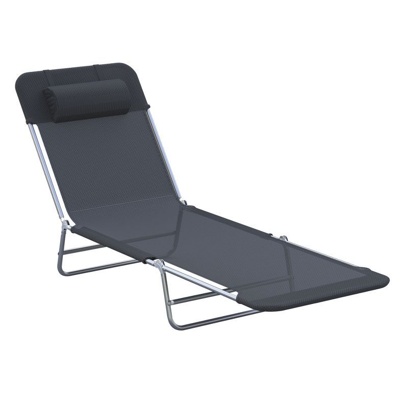 Black and Silver Foldable Mesh Chaise Lounge Chair with Pillow