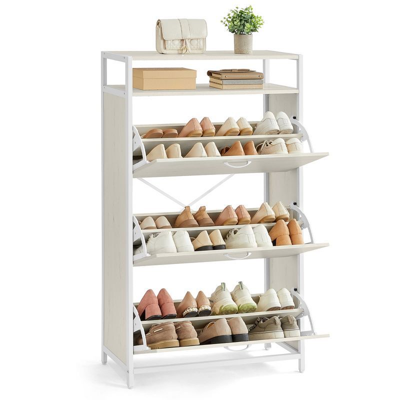 White Metal Freestanding Shoe Cabinet with 3 Flip Drawers