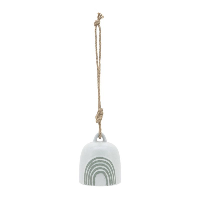 4" White and Green Ceramic Hanging Bell with Rainbow Design