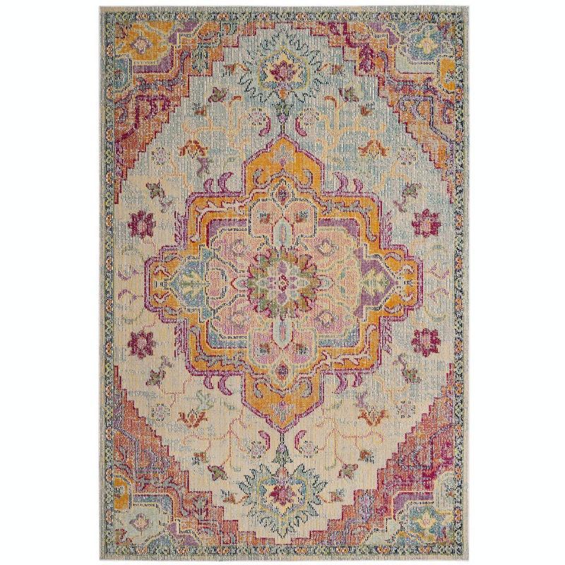 Light Blue and Fuchsia Medallion Synthetic Area Rug, 5' x 8'