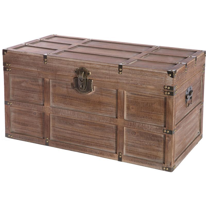 Large Rustic Brown Wooden Rectangular Storage Trunk with Latch