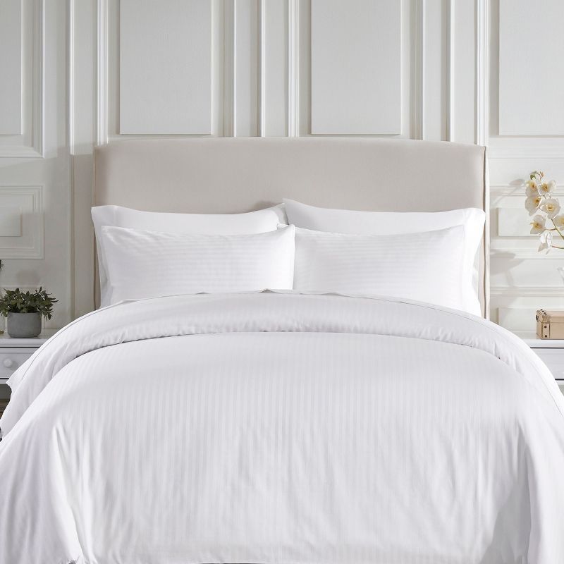 White Striped Queen Cotton Sateen Duvet Cover Set