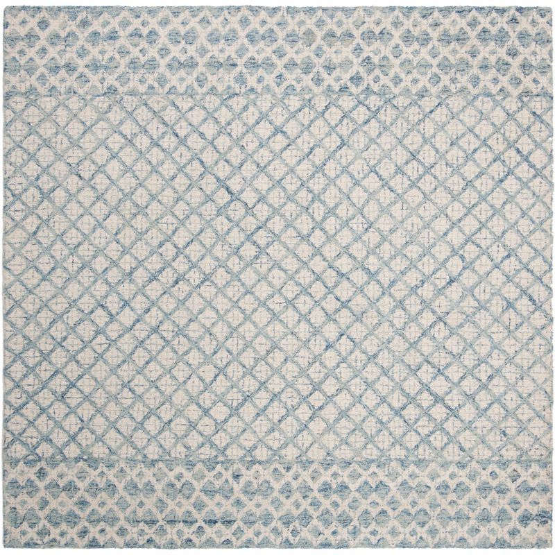 Handmade Tufted Wool Abstract Square Rug - Blue and Ivory, 4' x 4'